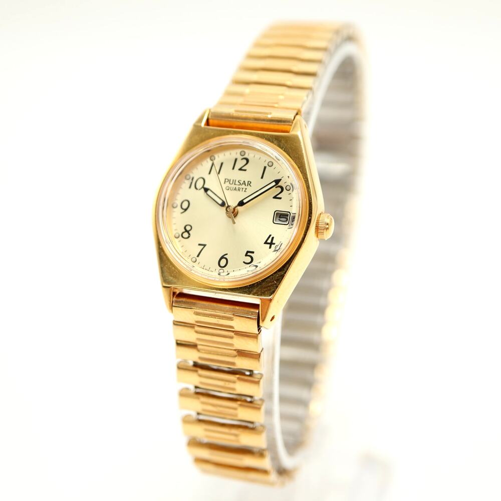 Vtg Pulsar Watch Women Gold Tone 23mm Date V827-0430 Stretch Band w New Battery